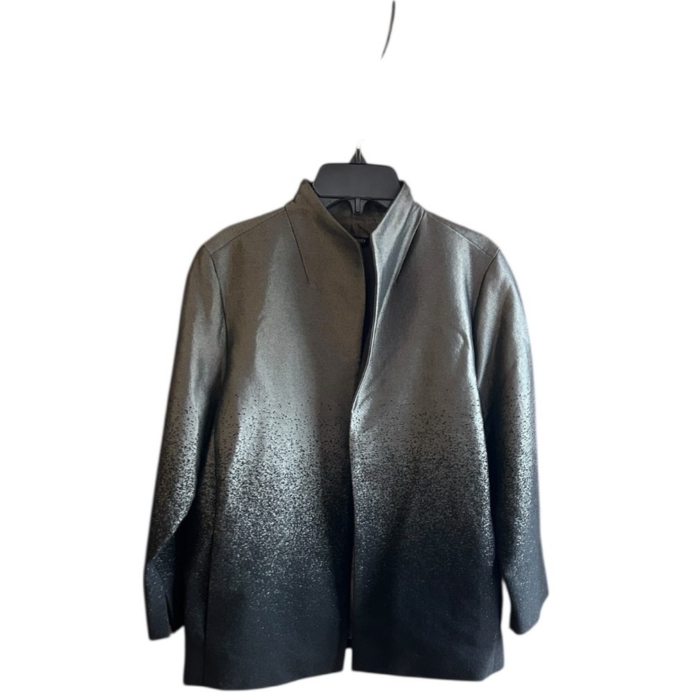 Eileen Fisher gray black wool blend 3/4 sleeve ombre shiny lined blazer Sz S